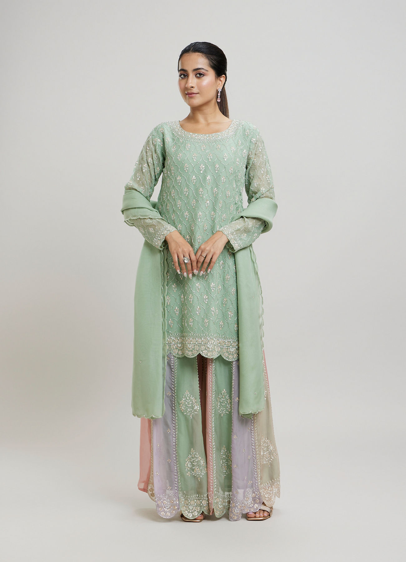 Twamev Women Mint Green Georgette Hand Embroidered Palazzo Suit
