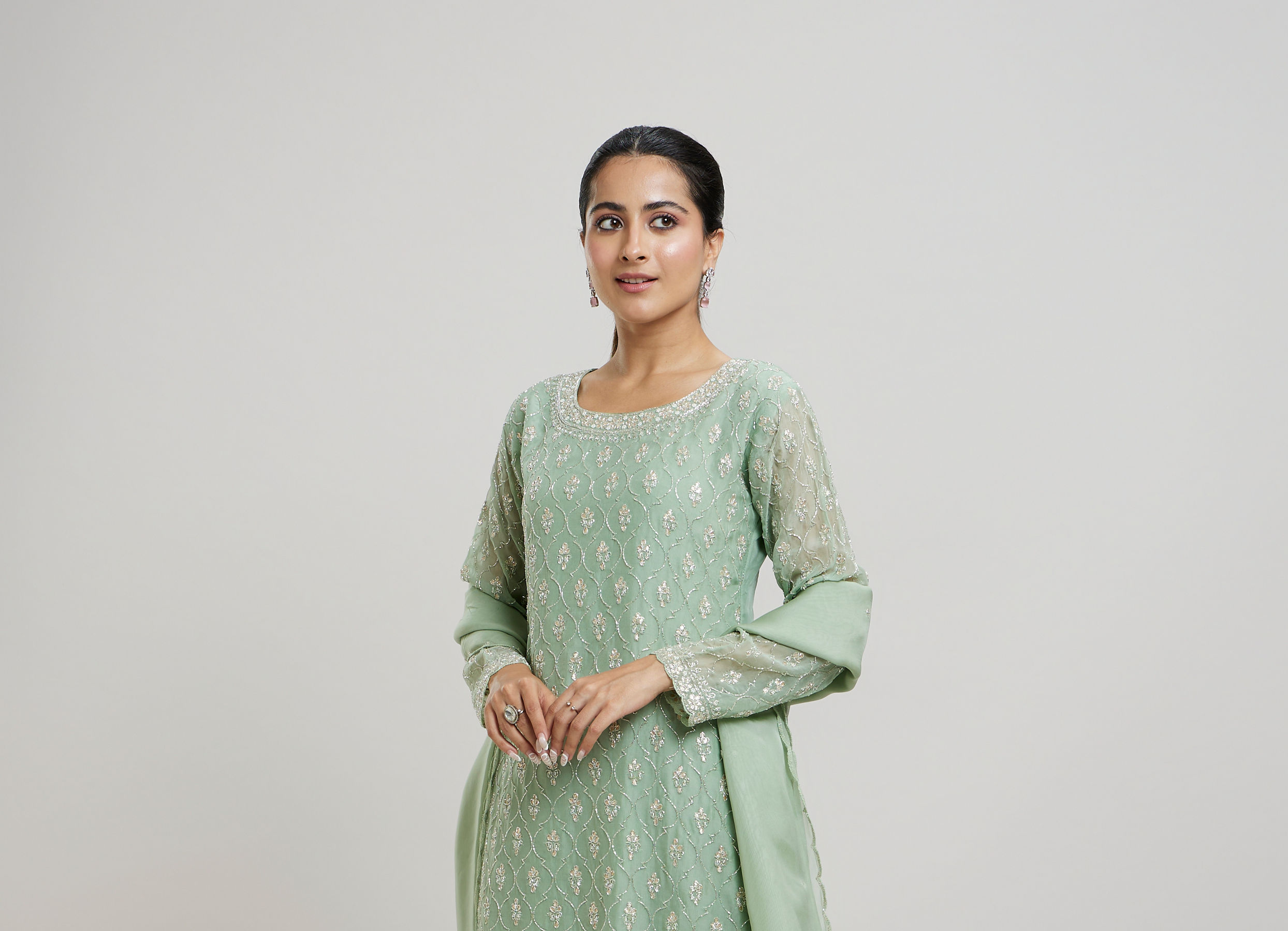 Twamev Women Mint Green Georgette Hand Embroidered Palazzo Suit