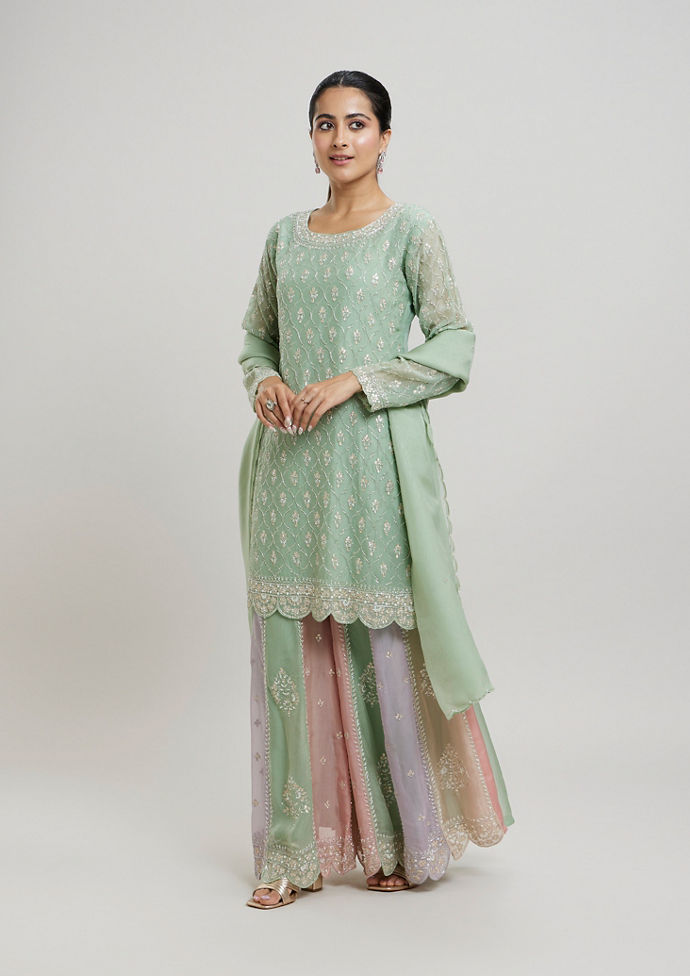Twamev Women Gracious Pista Green Stitched Suit