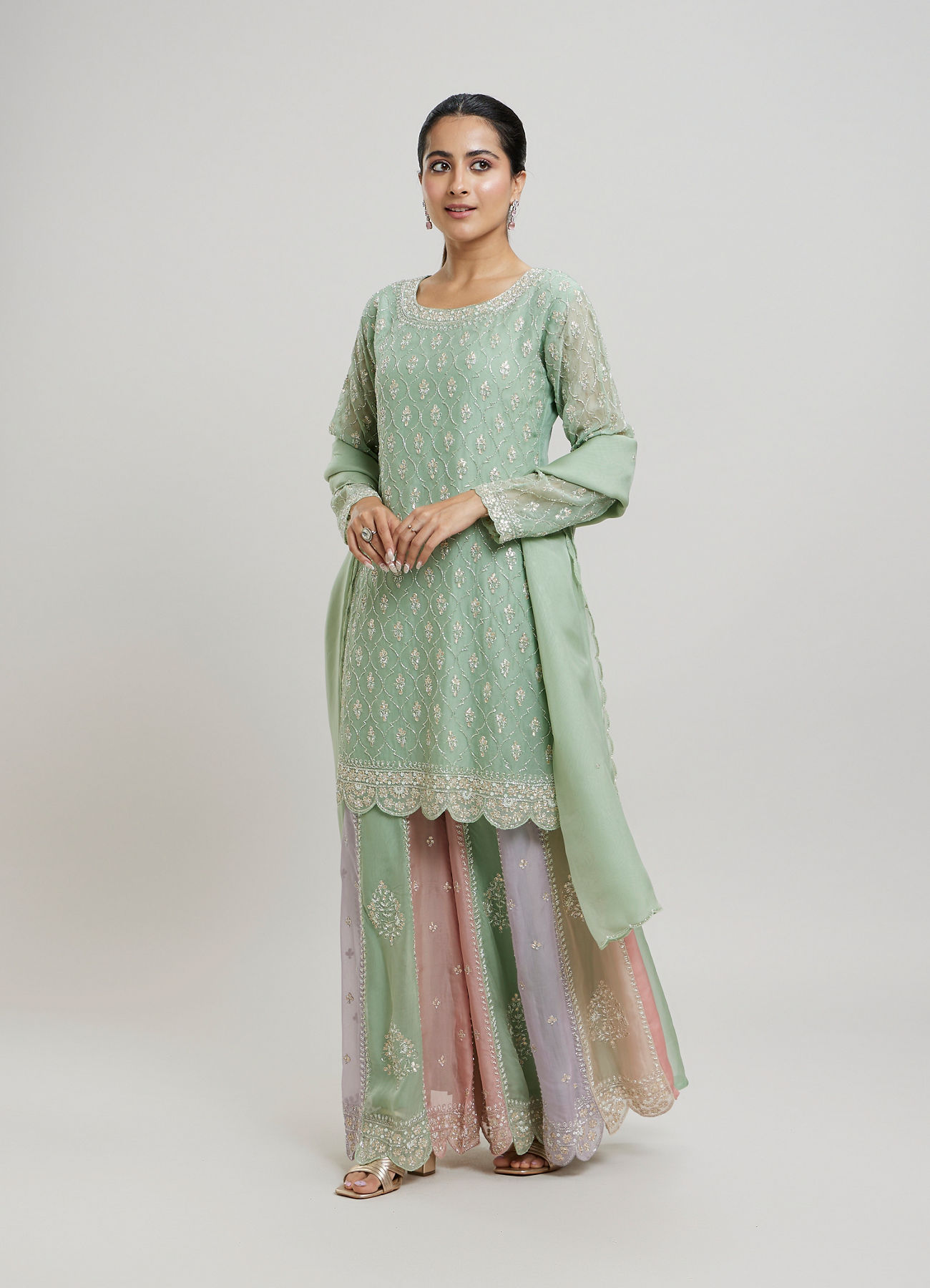 Twamev Women Mint Green Georgette Hand Embroidered Palazzo Suit
