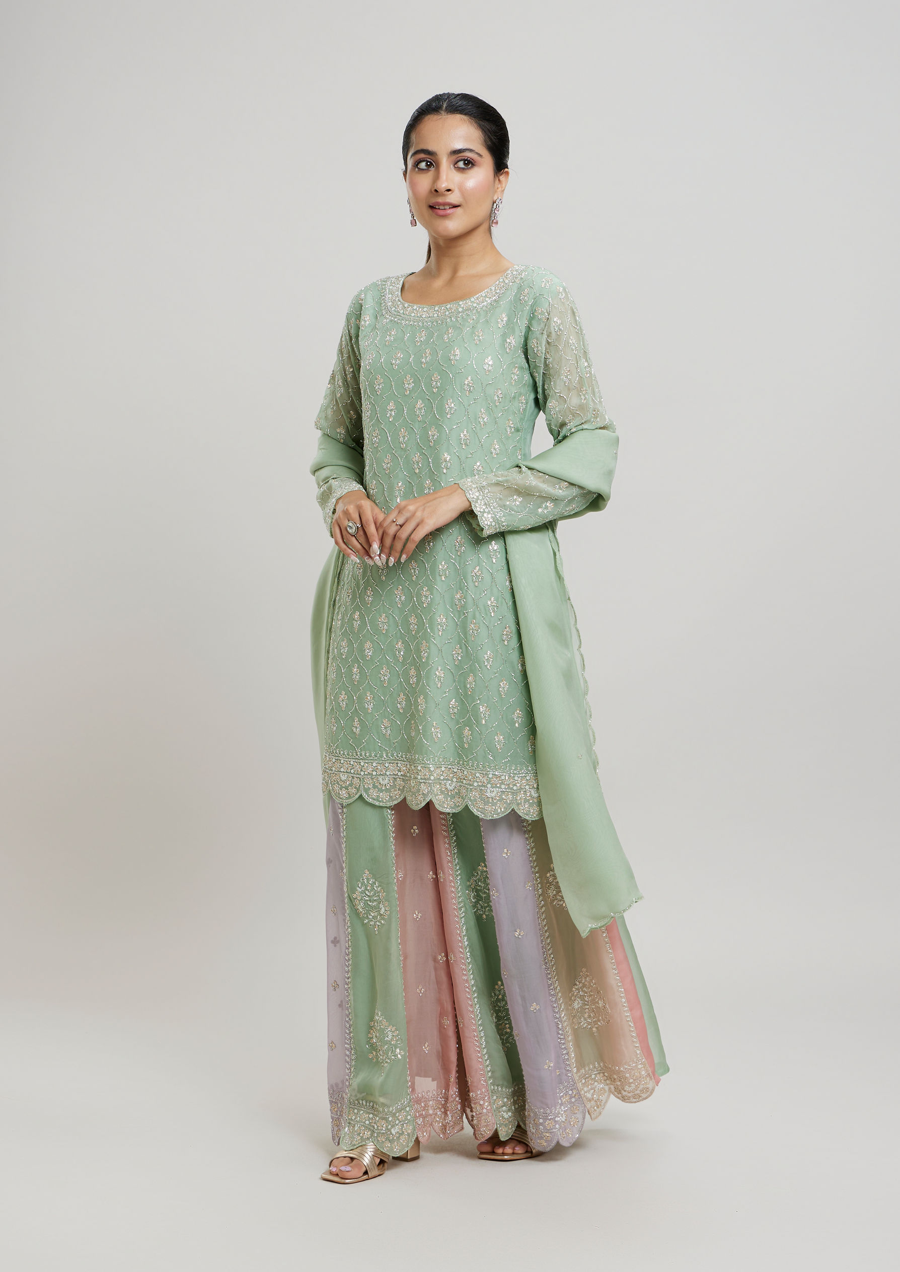 Twamev Women Gracious Pista Green Stitched Suit