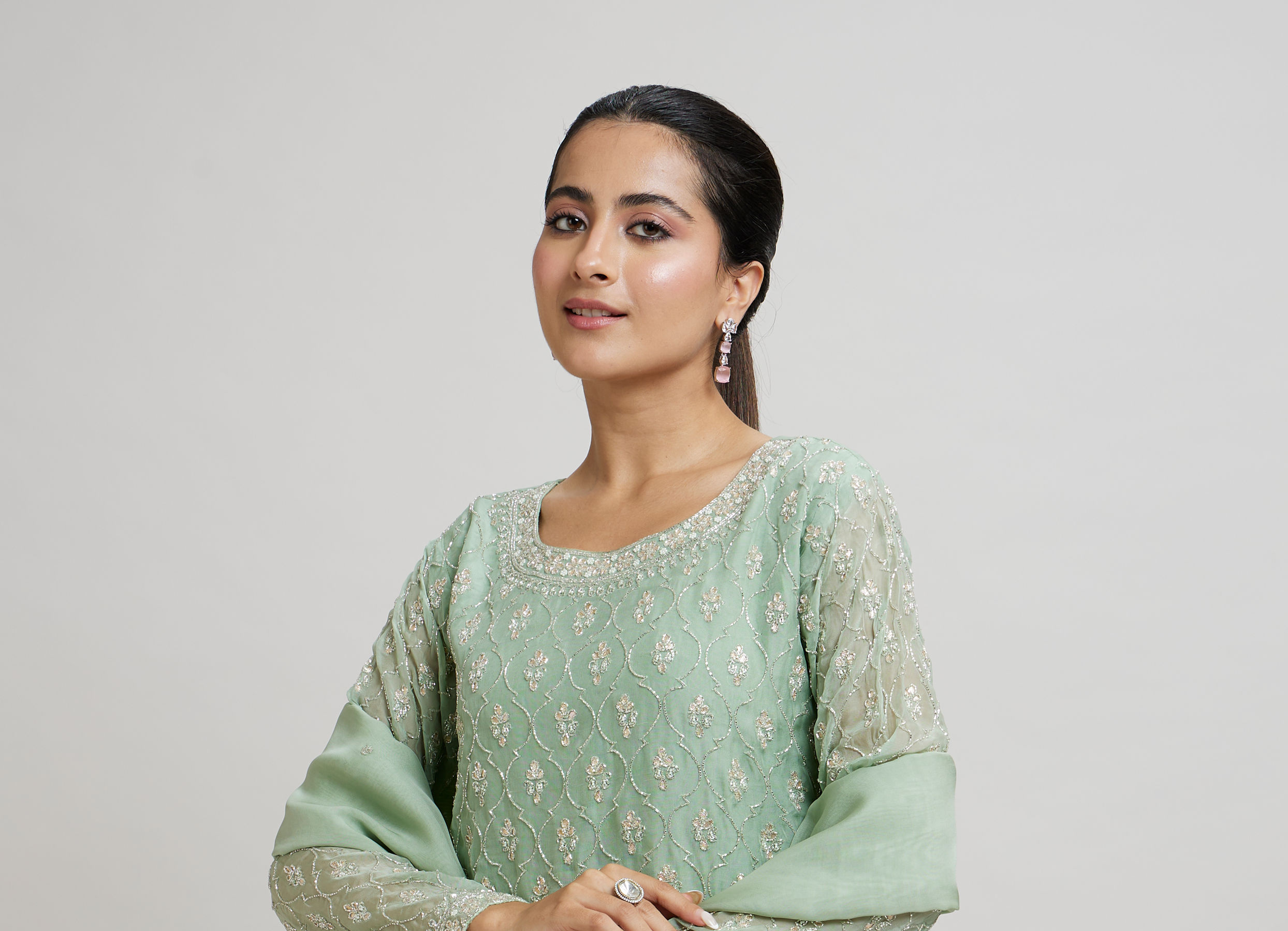 Twamev Women Mint Green Georgette Hand Embroidered Palazzo Suit