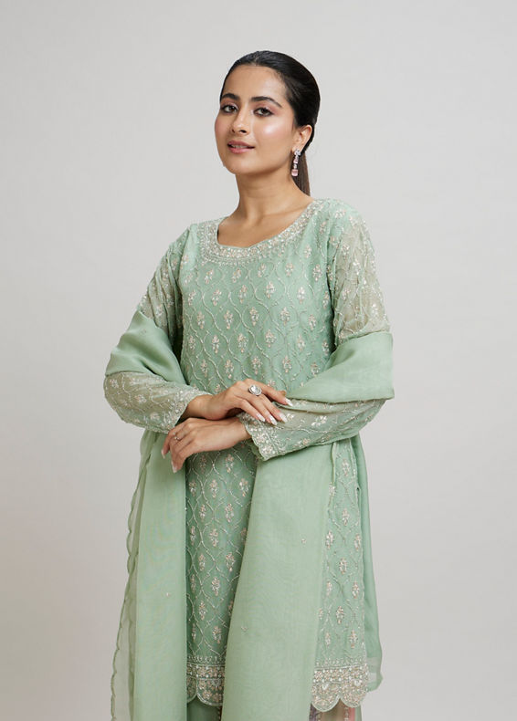 Twamev Women Mint Green Georgette Hand Embroidered Palazzo Suit