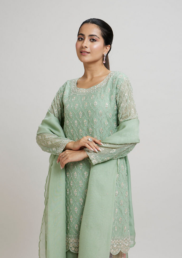 Twamev Women Gracious Pista Green Stitched Suit