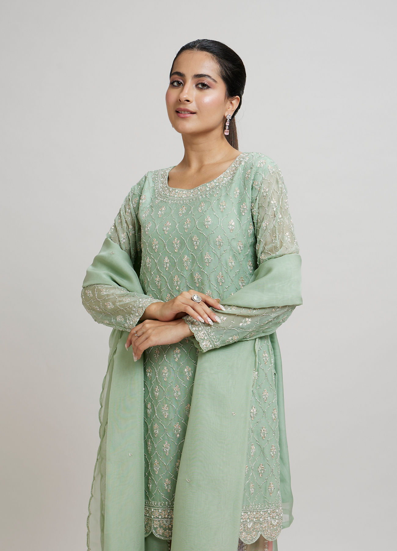 Twamev Women Mint Green Georgette Hand Embroidered Palazzo Suit