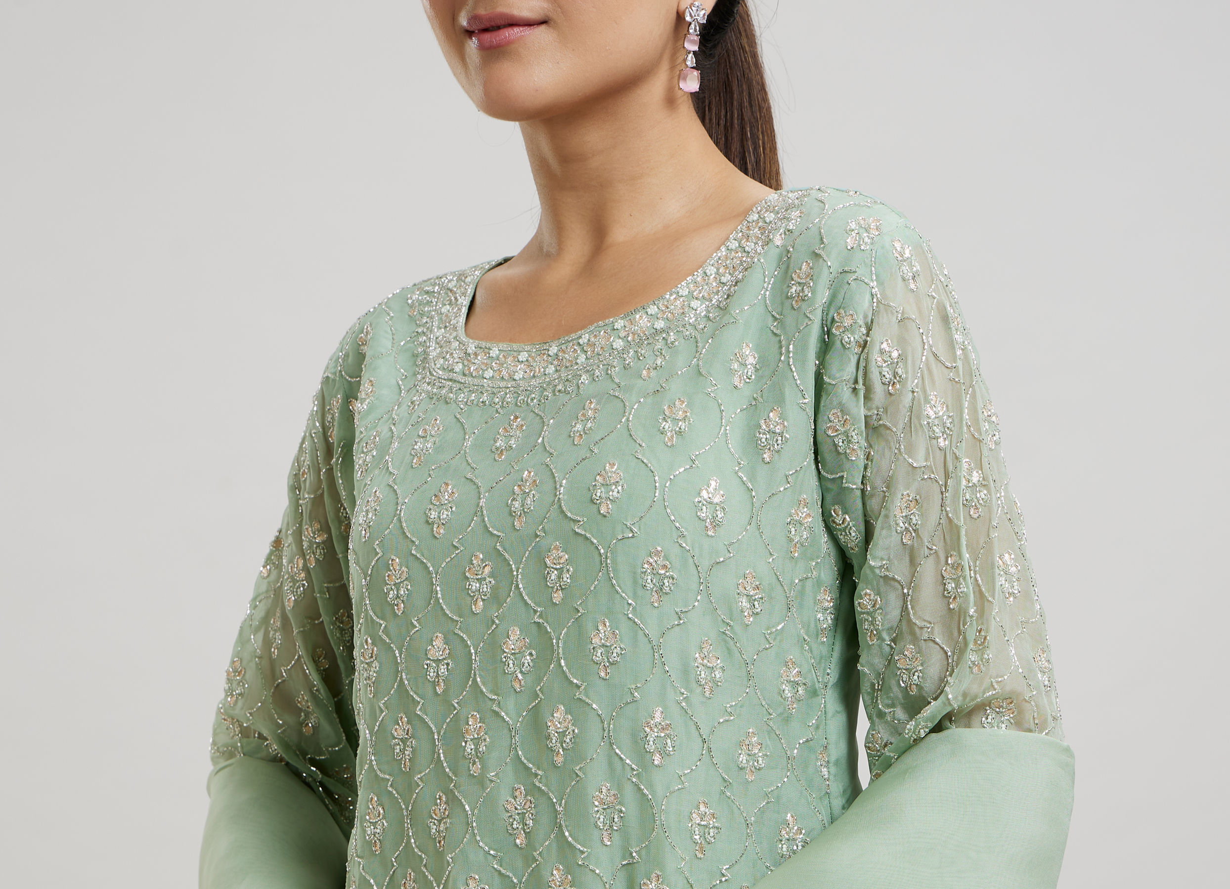 Twamev Women Mint Green Georgette Hand Embroidered Palazzo Suit