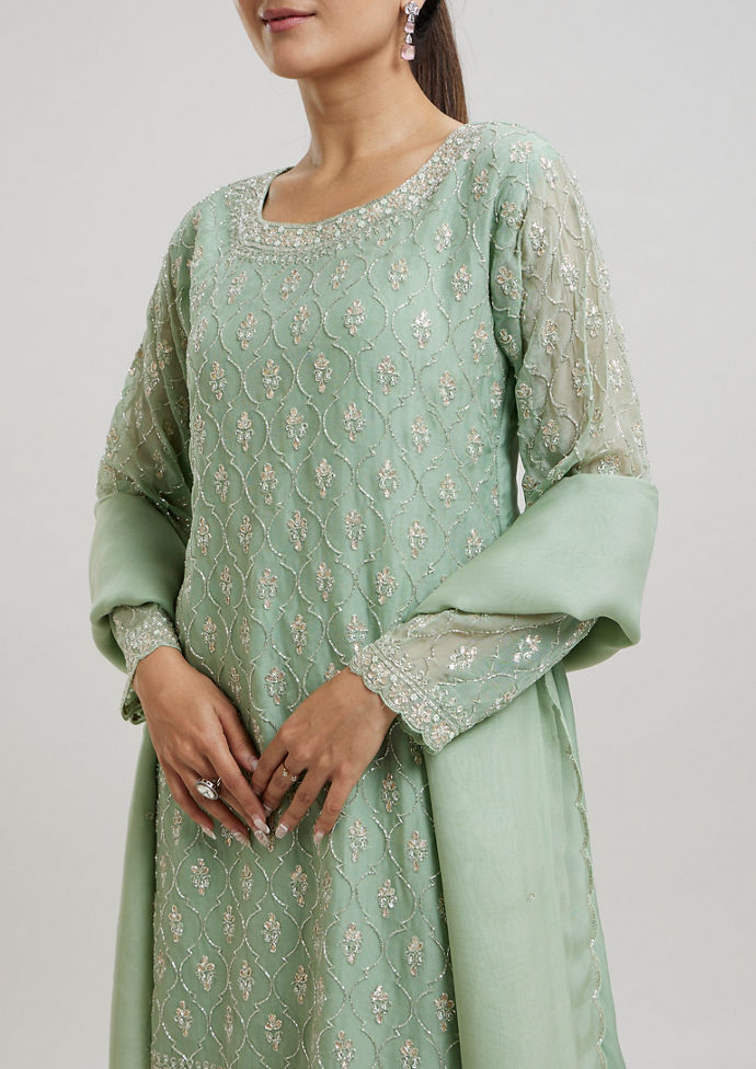 Twamev Women Gracious Pista Green Stitched Suit