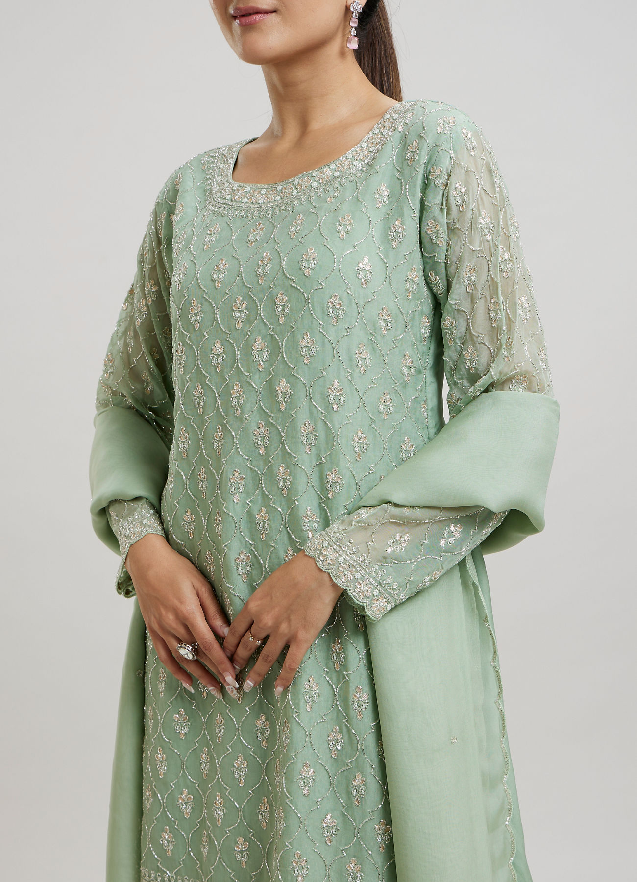 Twamev Women Mint Green Georgette Hand Embroidered Palazzo Suit