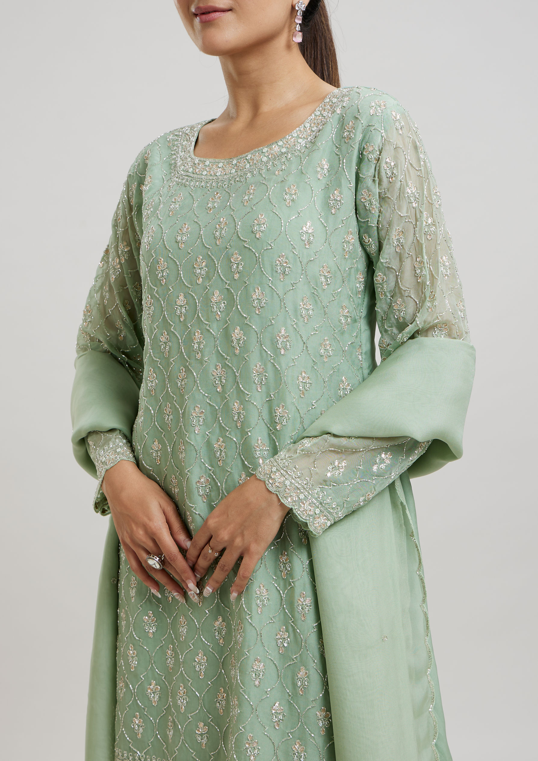 Twamev Women Gracious Pista Green Stitched Suit