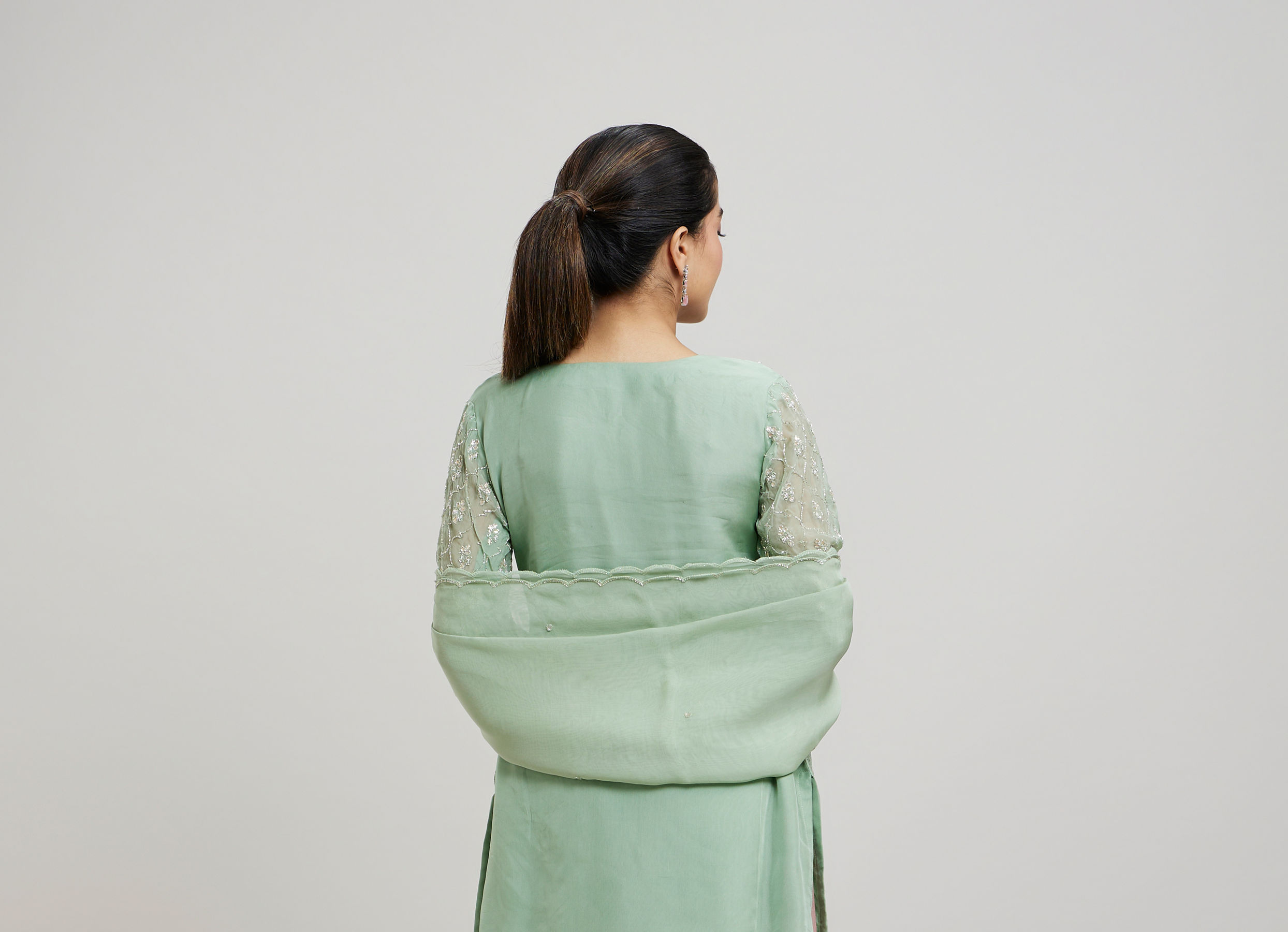 Twamev Women Mint Green Georgette Hand Embroidered Palazzo Suit