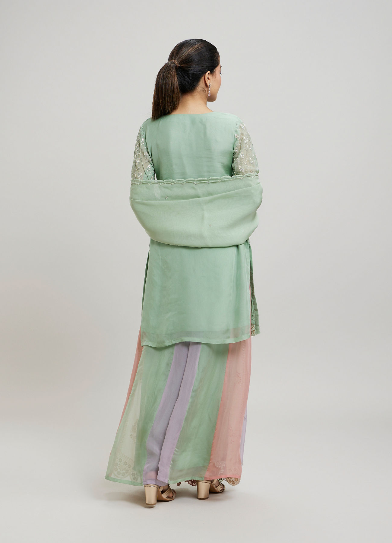 Twamev Women Mint Green Georgette Hand Embroidered Palazzo Suit