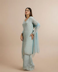 Twamev Women Blue Viscose Hand Embroidered Palazzo Suit