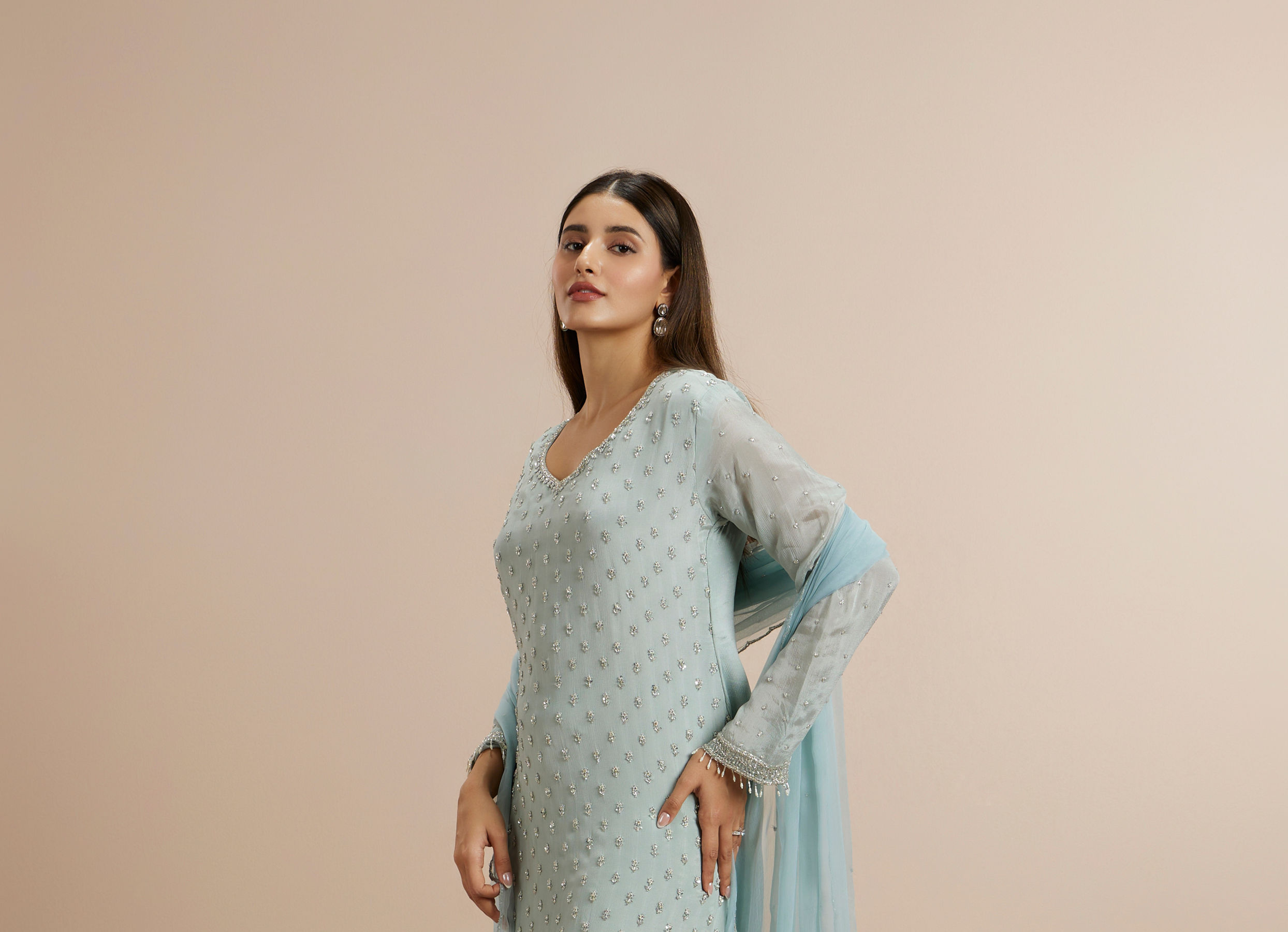 Twamev Women Blue Viscose Hand Embroidered Palazzo Suit