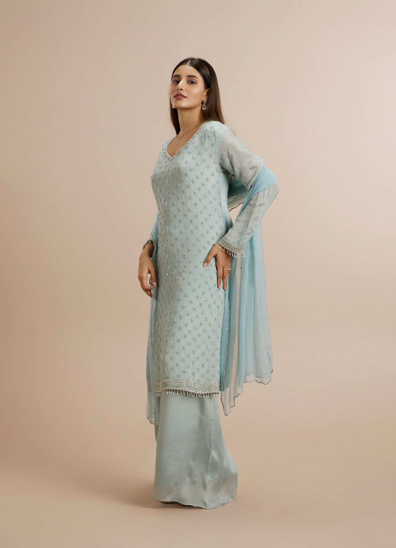 Twamev Women Blue Viscose Hand Embroidered Palazzo Suit