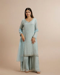 Twamev Women Blue Viscose Hand Embroidered Palazzo Suit