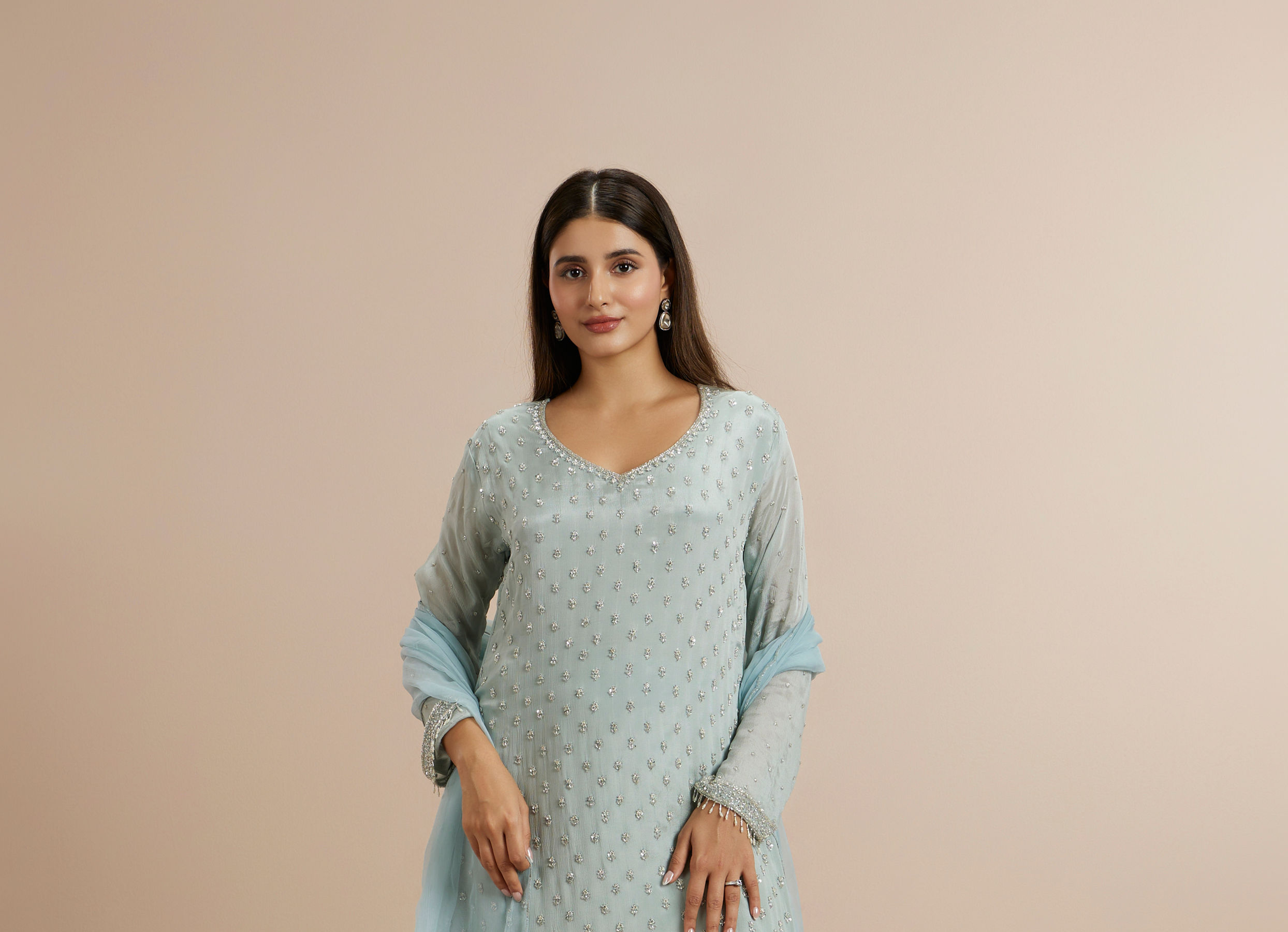 Twamev Women Blue Viscose Hand Embroidered Palazzo Suit