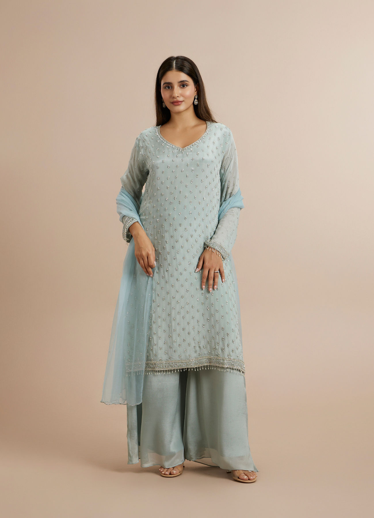 Twamev Women Blue Viscose Hand Embroidered Palazzo Suit