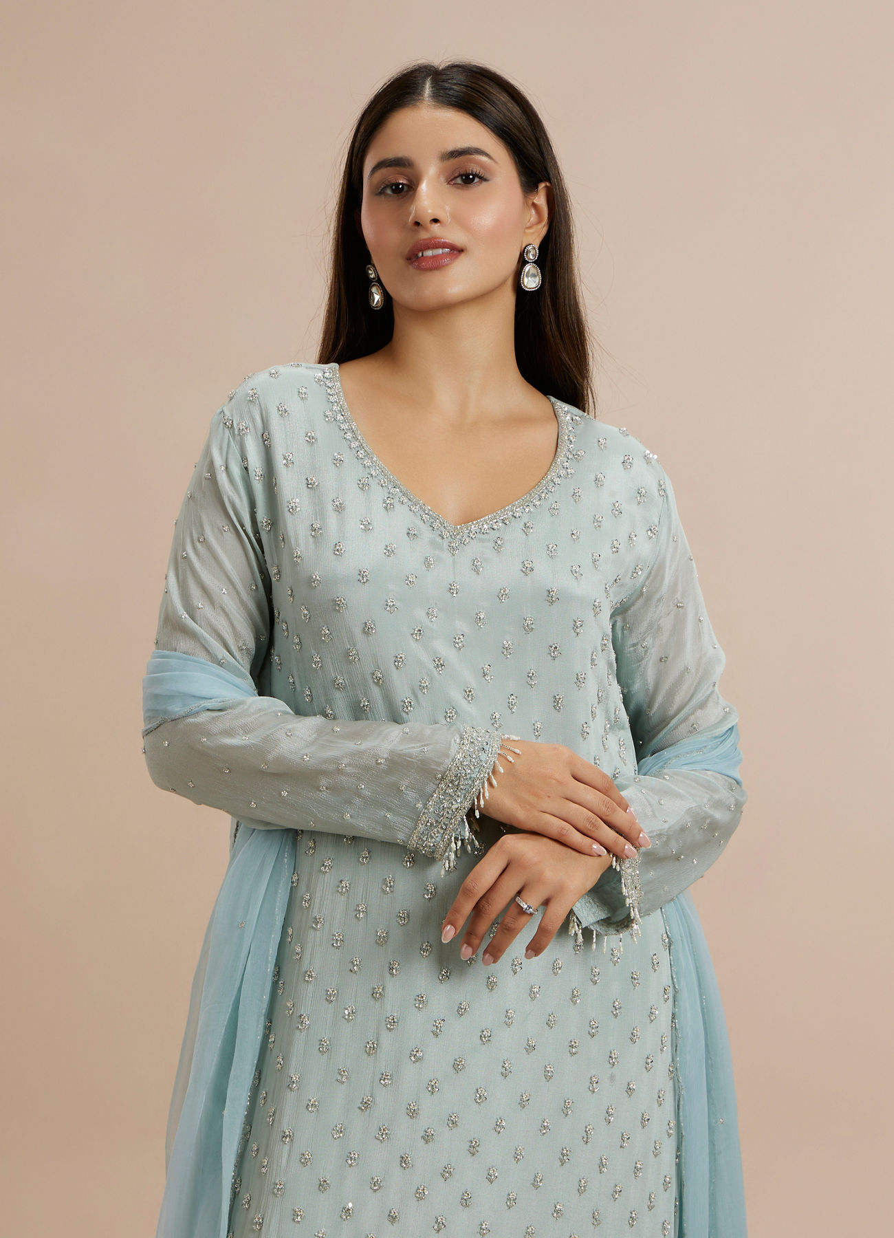 Twamev Women Blue Viscose Hand Embroidered Palazzo Suit