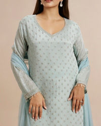 Twamev Women Blue Viscose Hand Embroidered Palazzo Suit