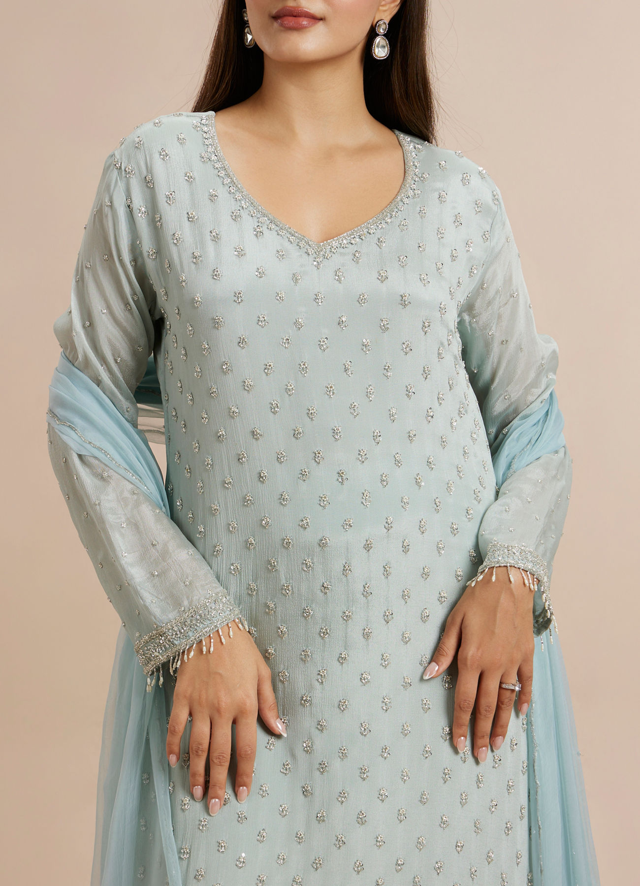 Twamev Women Blue Viscose Hand Embroidered Palazzo Suit
