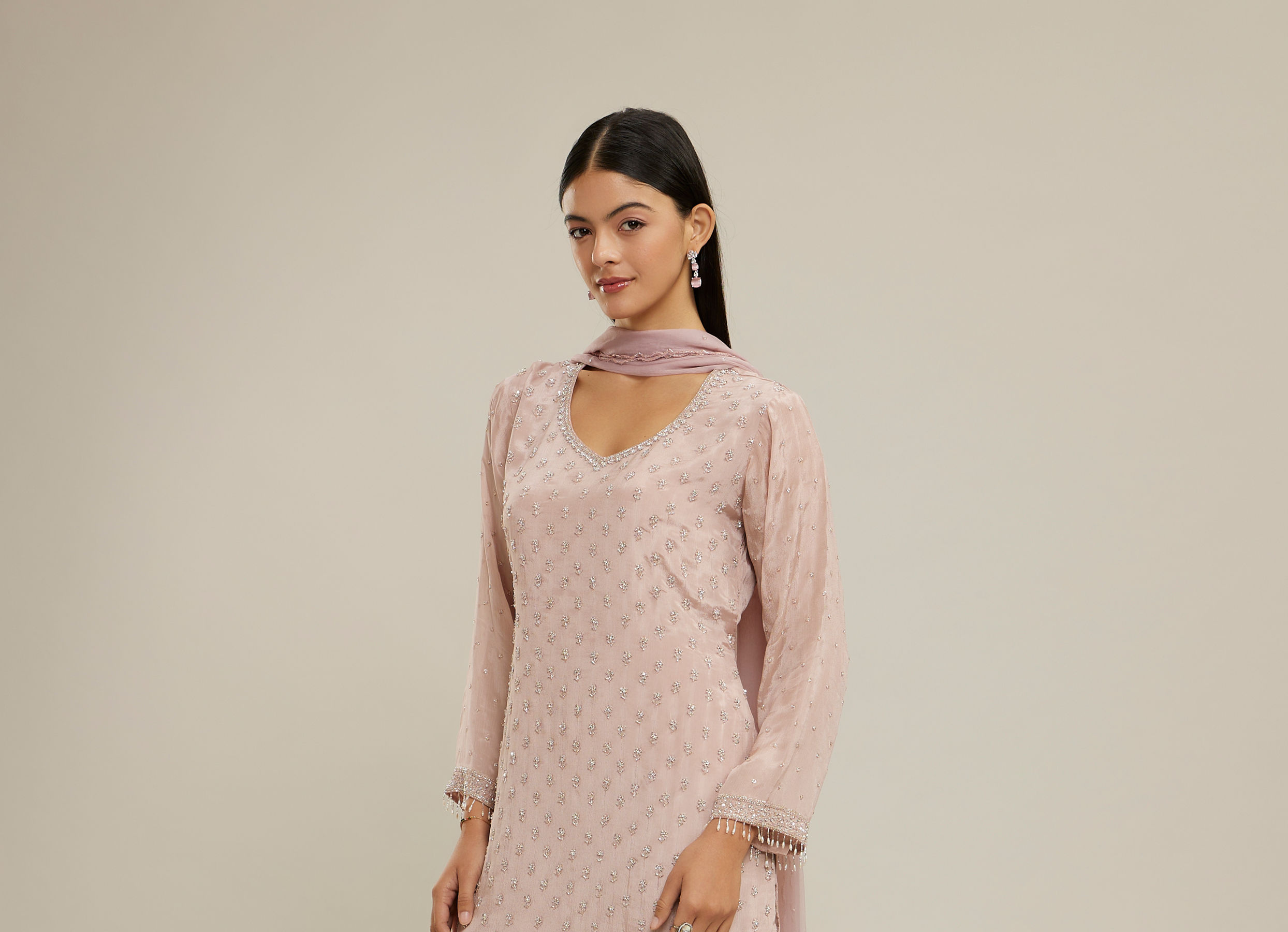 Twamev Women Dusty Pink Chinon Stitched Suit