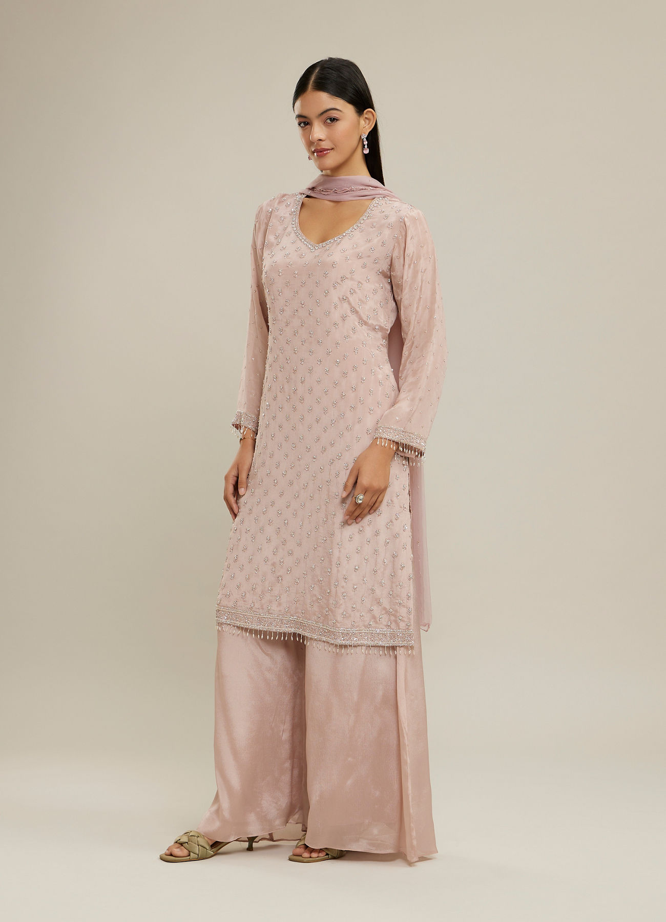 Twamev Women Dusty Pink Chinon Stitched Suit