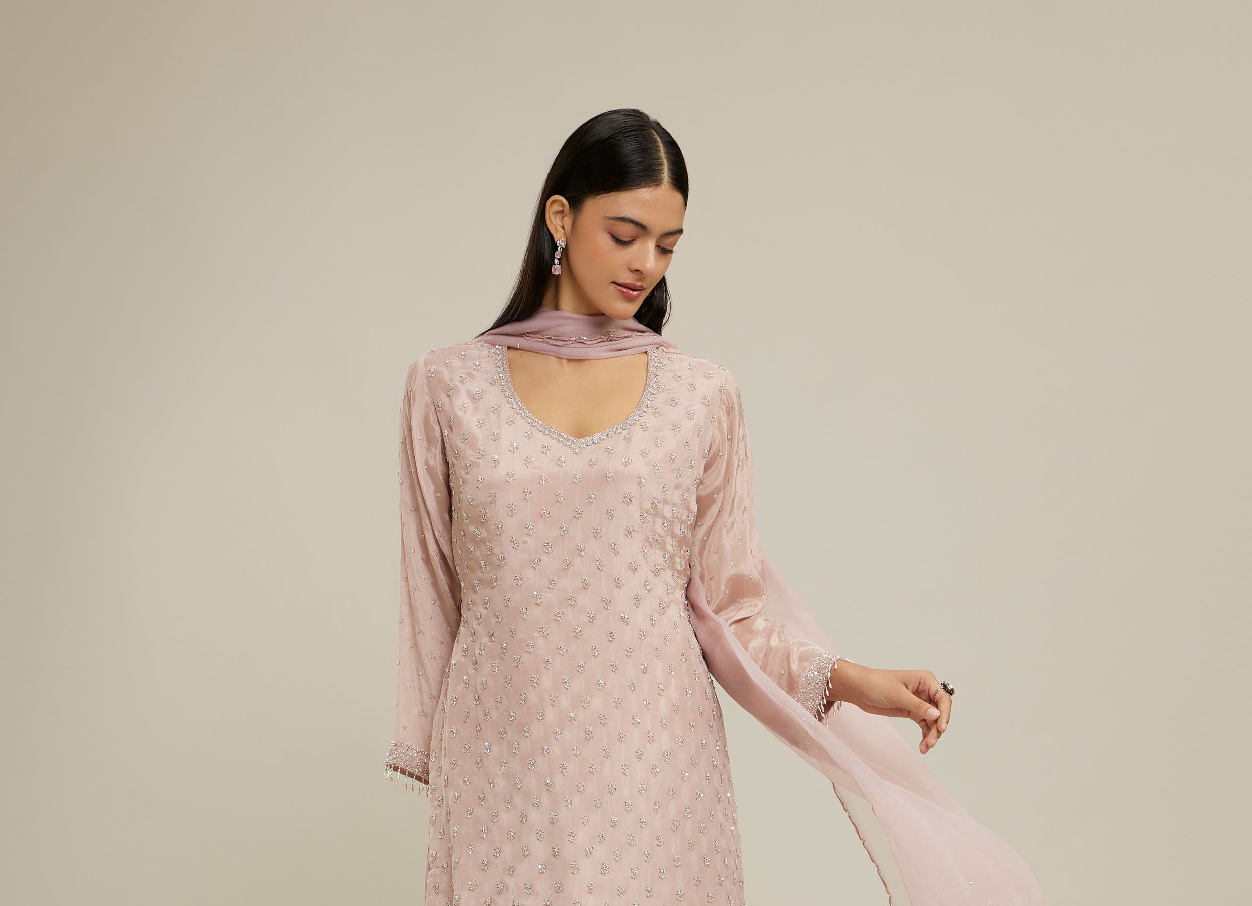 Twamev Women Dusty Pink Chinon Stitched Suit