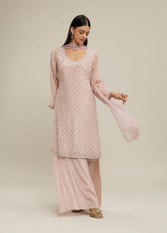 Twamev Women Dusty Pink Viscose Hand Embroidered Palazzo Suit