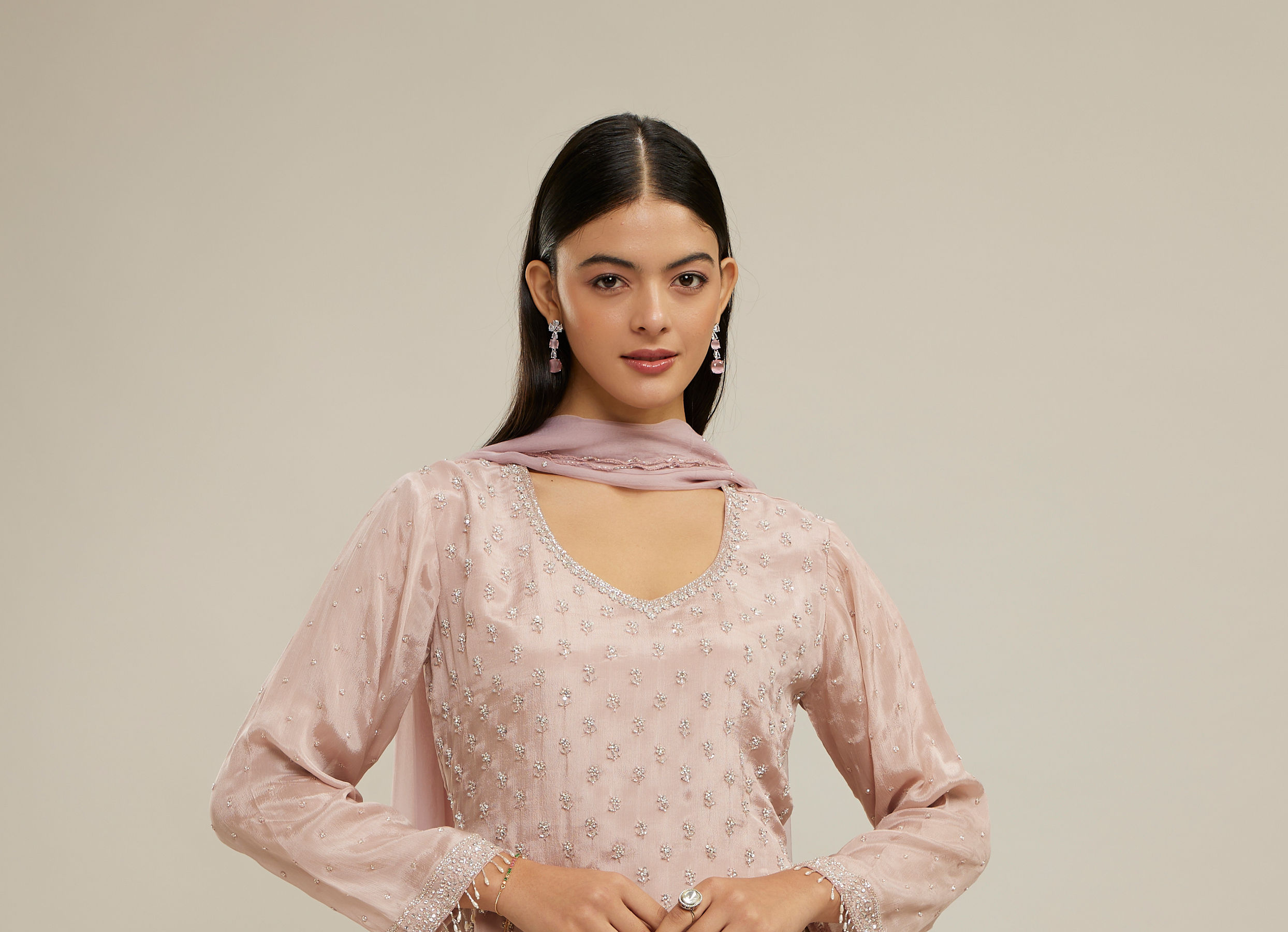 Twamev Women Dusty Pink Chinon Stitched Suit