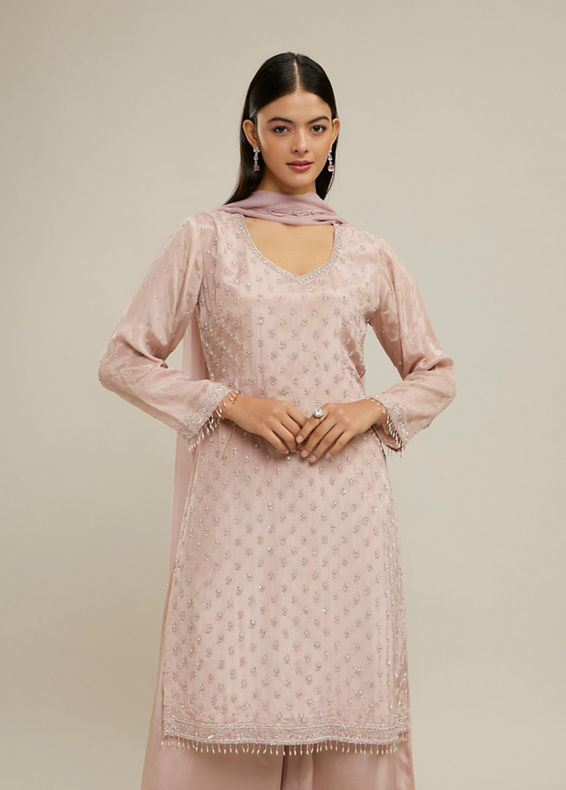 Twamev Women Dusty Pink Viscose Hand Embroidered Palazzo Suit