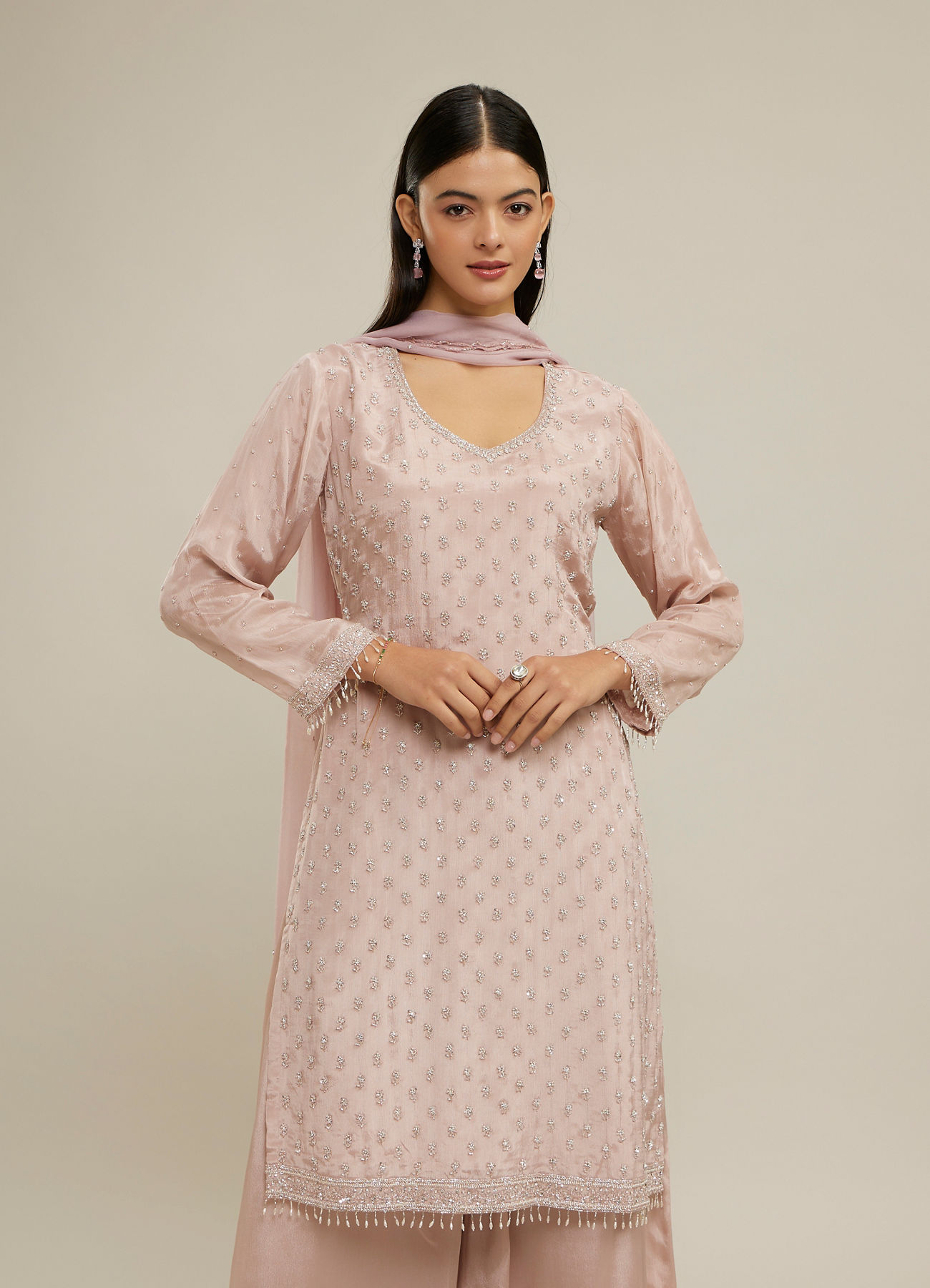 Twamev Women Dusty Pink Chinon Stitched Suit