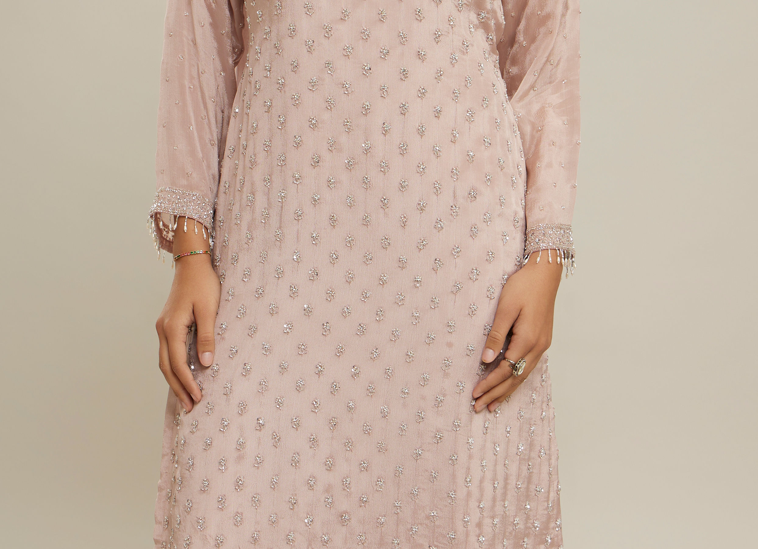 Twamev Women Dusty Pink Chinon Stitched Suit