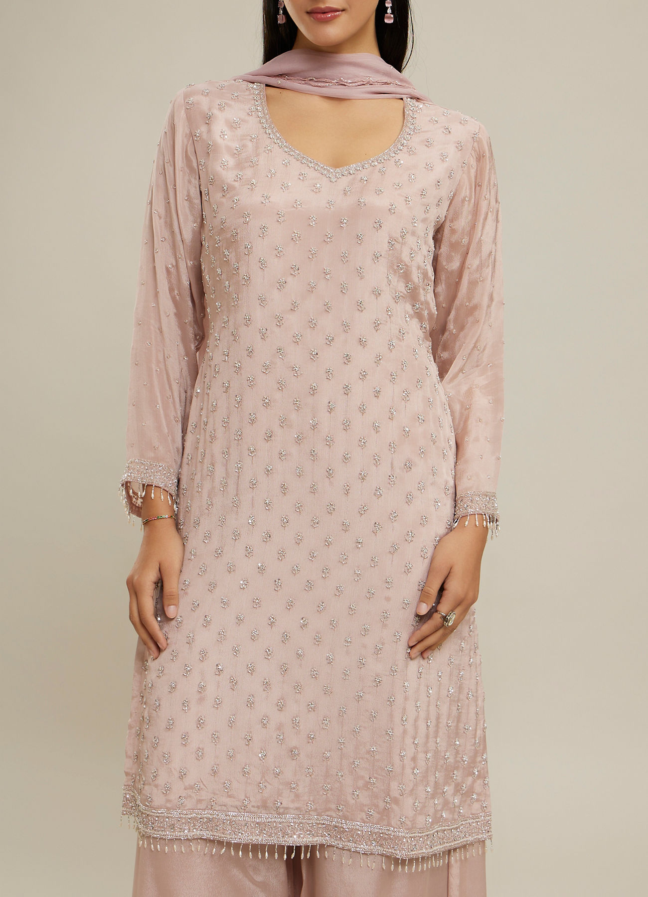 Twamev Women Dusty Pink Chinon Stitched Suit