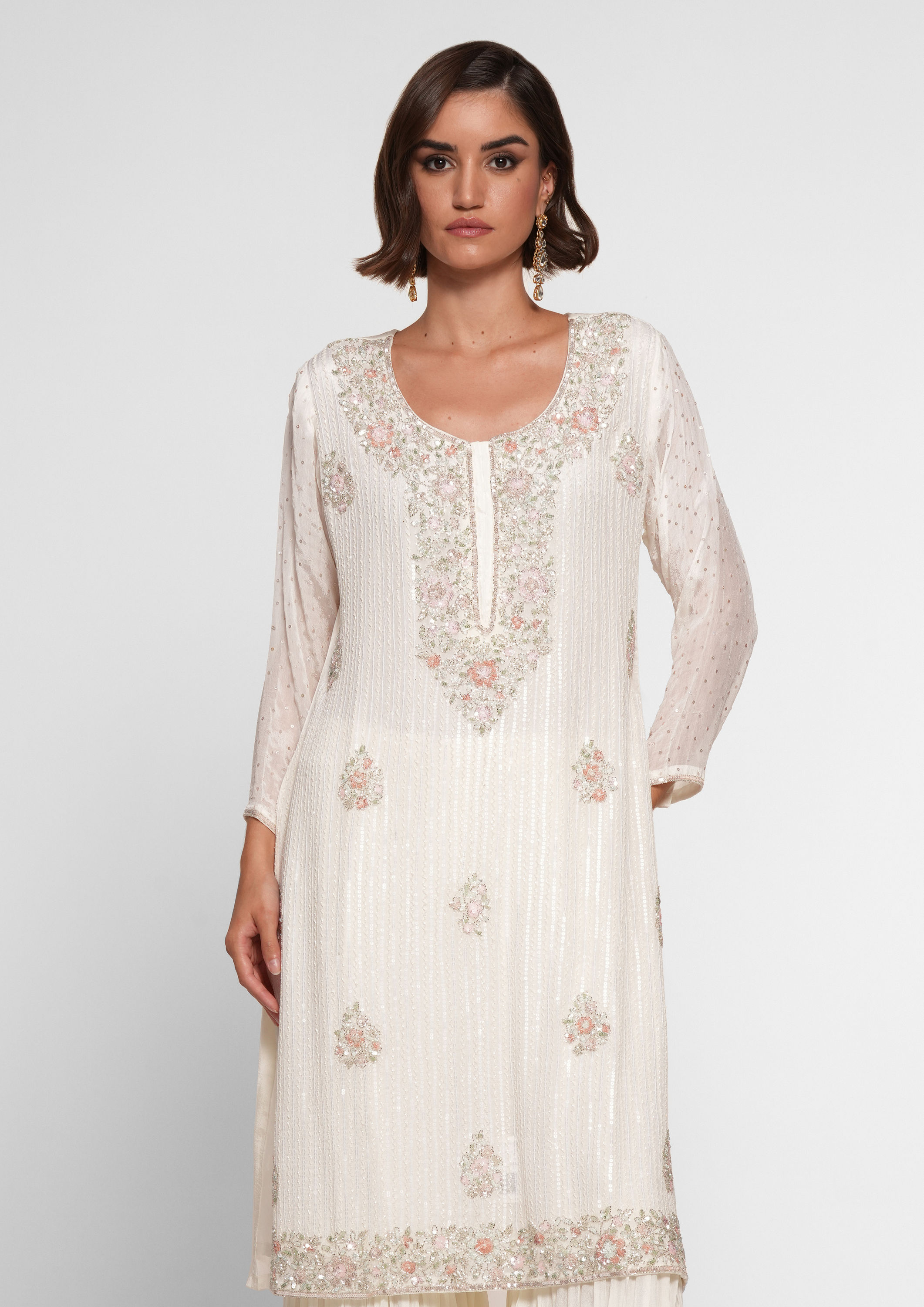 Twamev Women Cream Chinon Stitched Suit with Cutdana Work