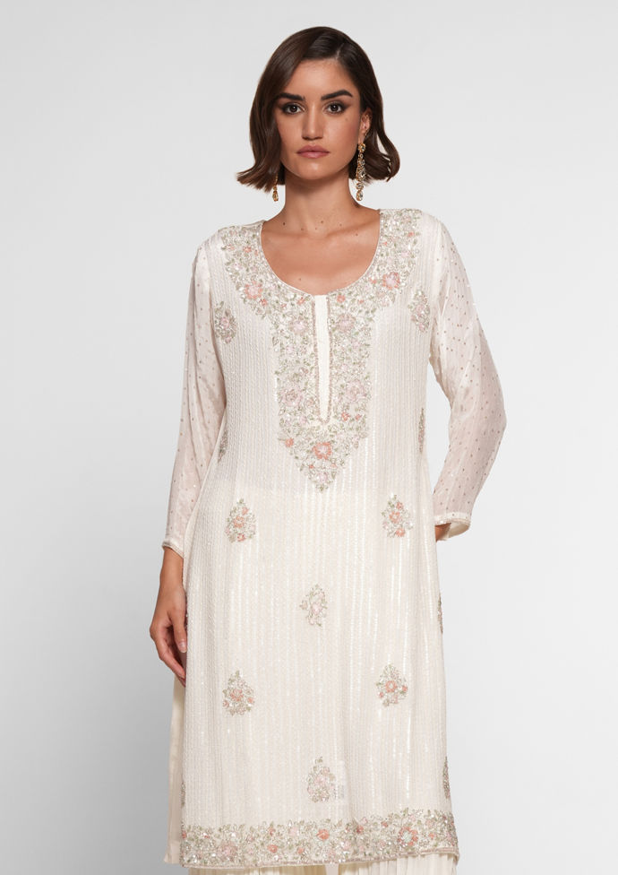 Twamev Women Cream Chinon Stitched Suit with Cutdana Work
