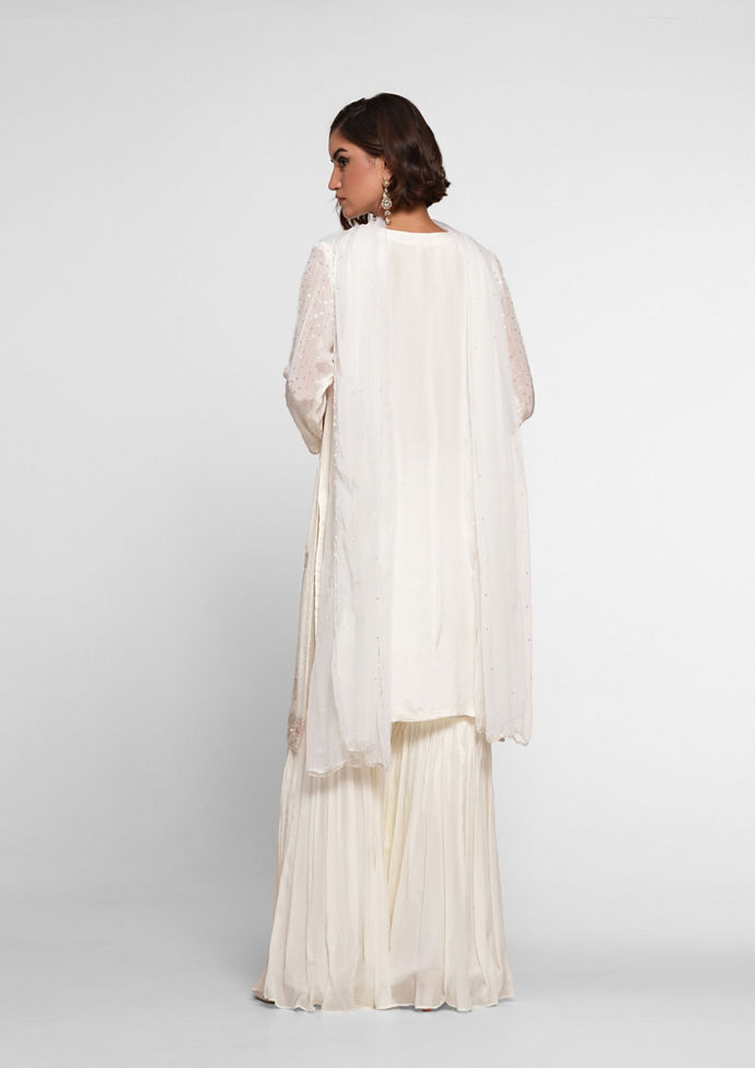 Twamev Women Cream Chinon Stitched Suit with Cutdana Work