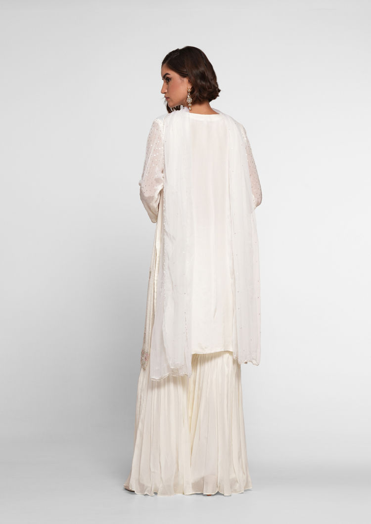 Twamev Women Cream Chinon Stitched Suit with Cutdana Work