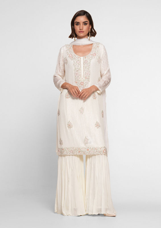 Twamev Women Cream Chinon Stitched Suit with Cutdana Work