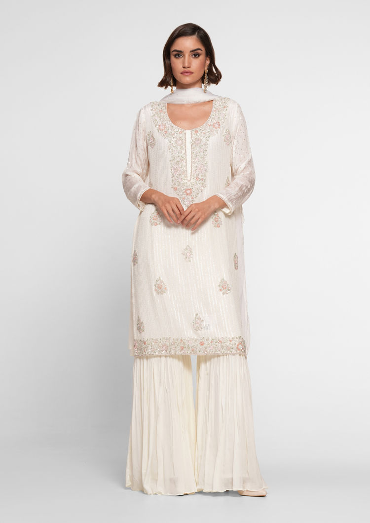 Twamev Women Cream Chinon Stitched Suit with Cutdana Work