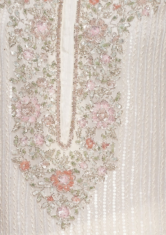 Twamev Women Cream Chinon Stitched Suit with Cutdana Work