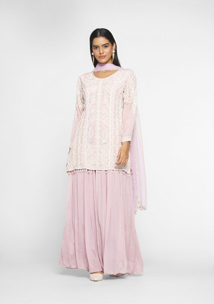 Twamev Women Lilac Viscose Moti Embroidered Sharara Suit