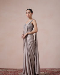 Twamev Women Fawn Satin Saree Elegance