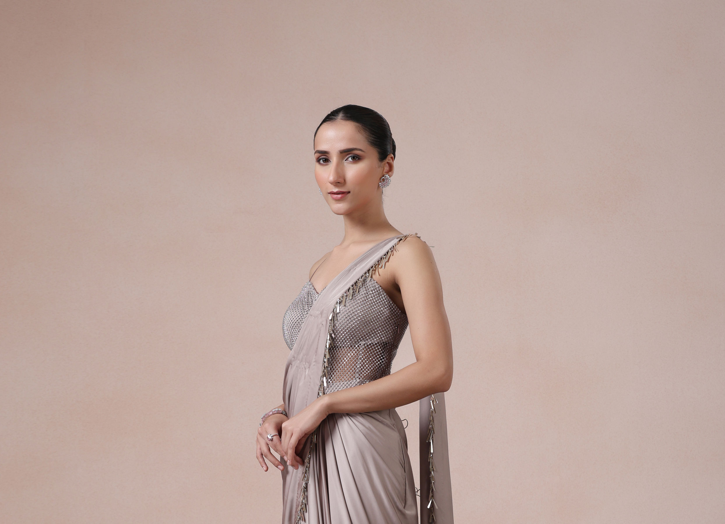 Twamev Women Fawn Satin Saree Elegance