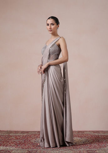 alt message - Twamev Women Fawn Satin Saree Elegance image number 3