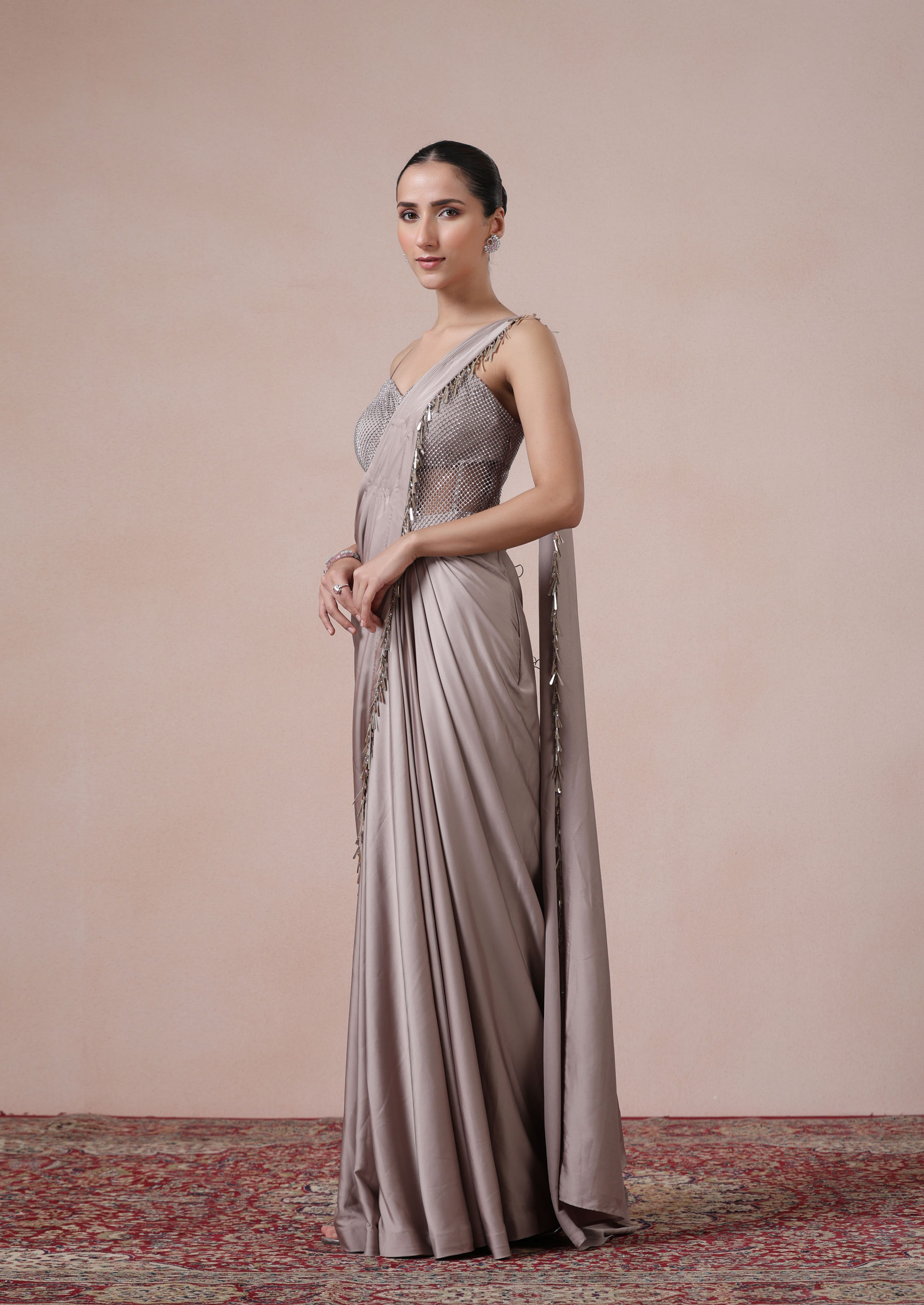 Twamev Women Fawn Satin Saree Elegance