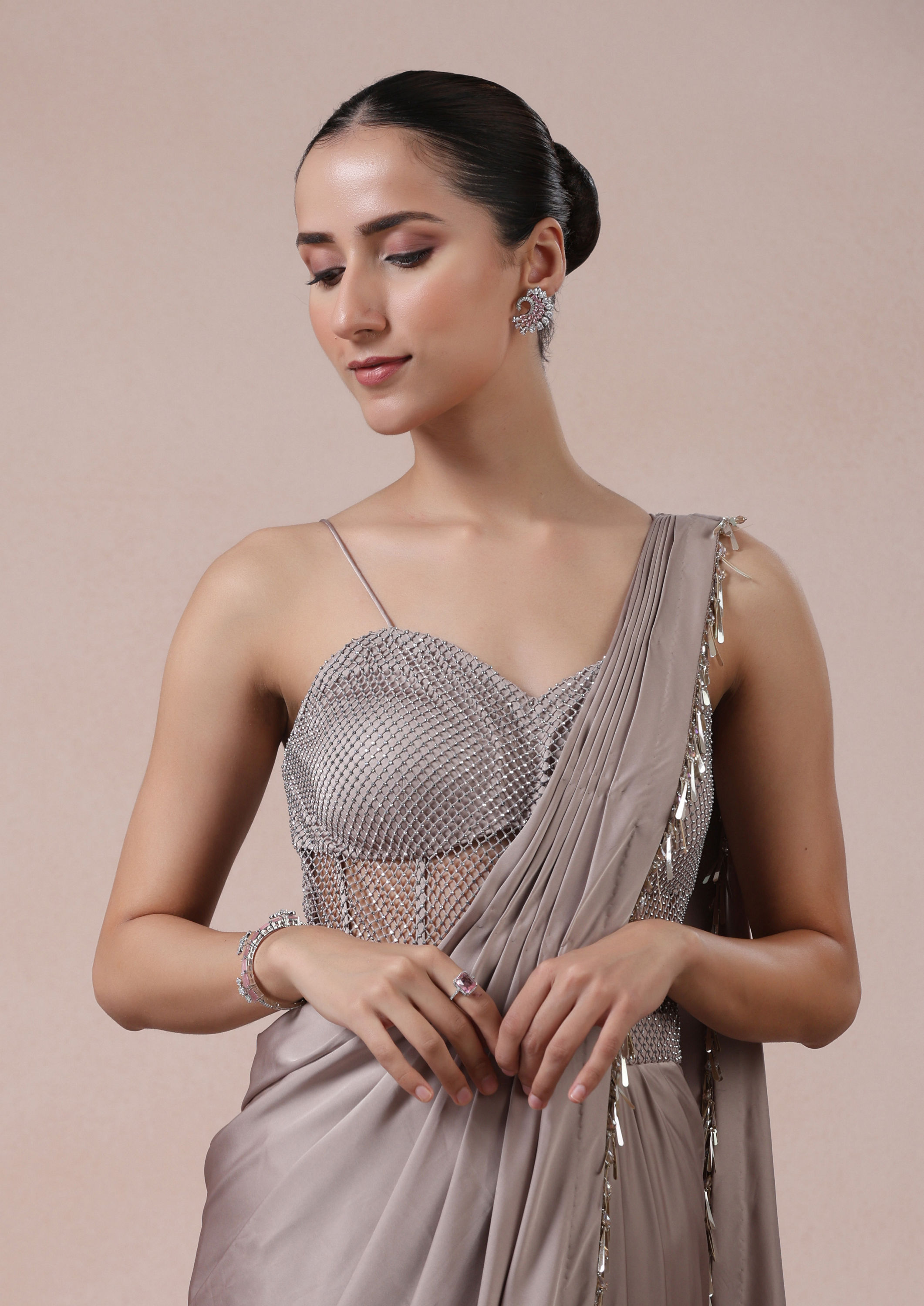Twamev Women Fawn Satin Saree Elegance