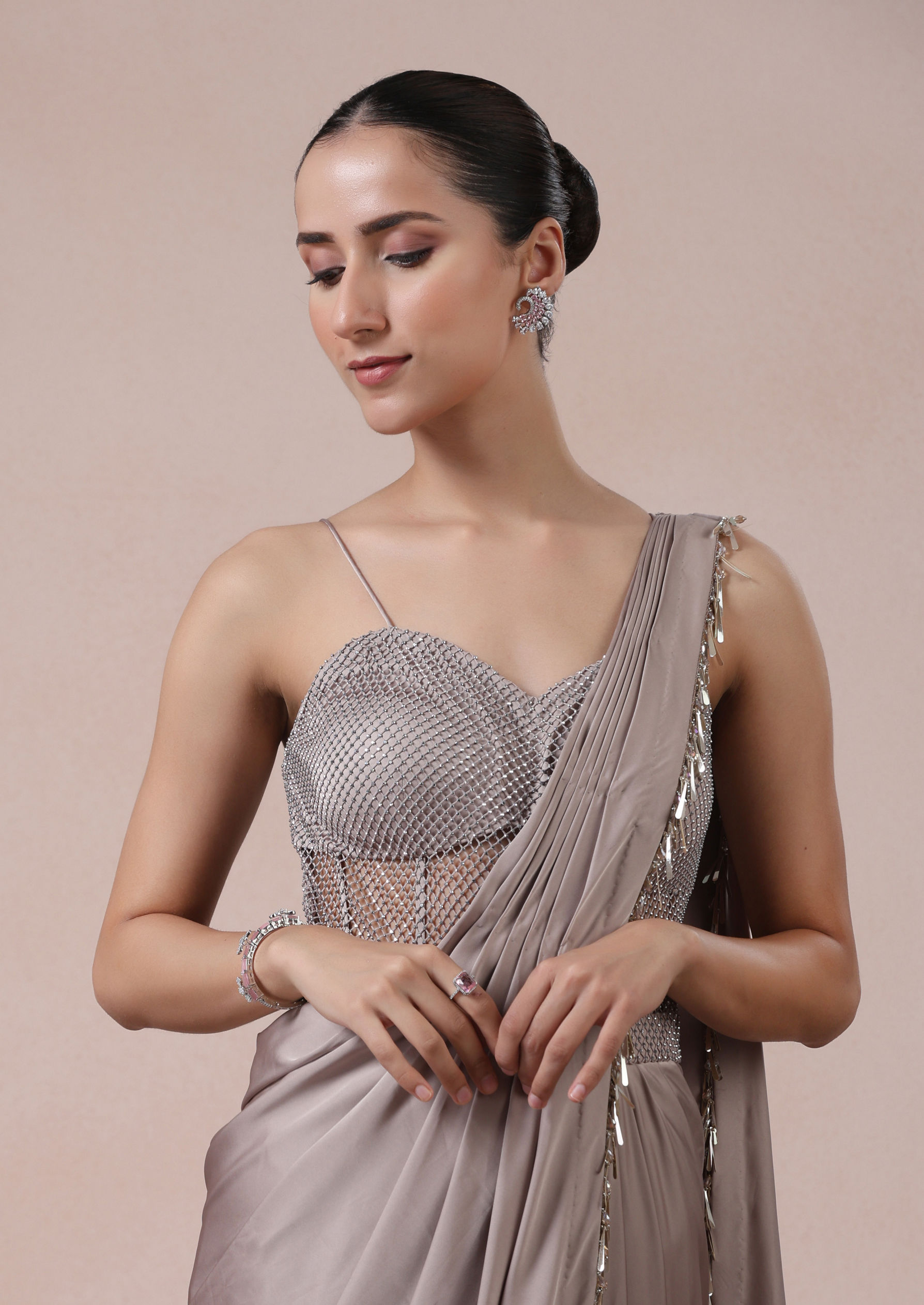 Twamev Women Fawn Satin Saree Elegance