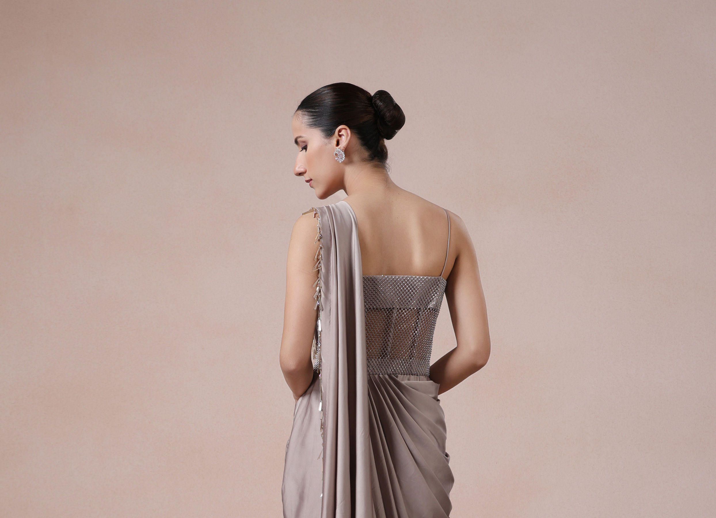 Twamev Women Fawn Satin Saree Elegance