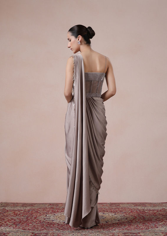 Twamev Women Fawn Satin Saree Elegance