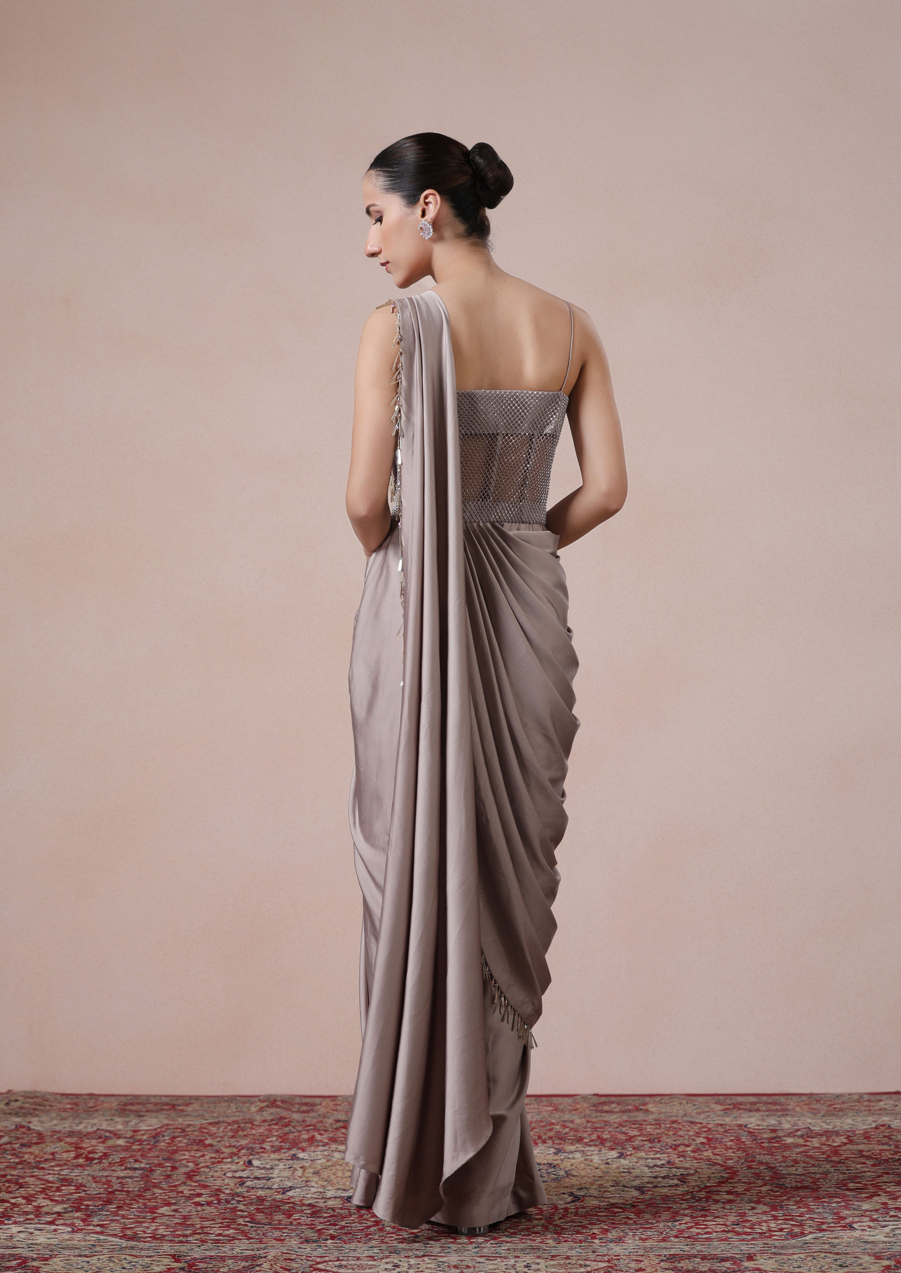Twamev Women Fawn Satin Saree Elegance